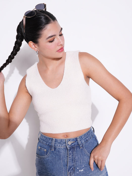 Women's Cream Self Design Sleeveless Crop Top