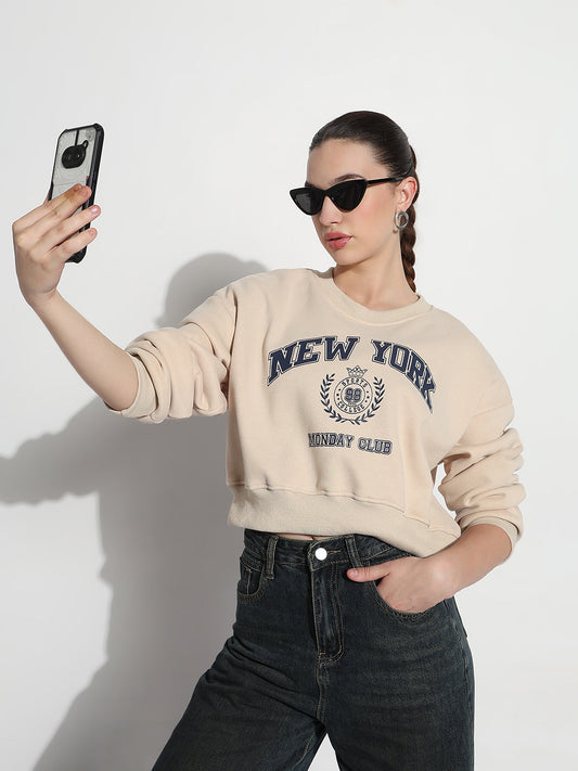Women's Typography Beige Round Neck Crop Top