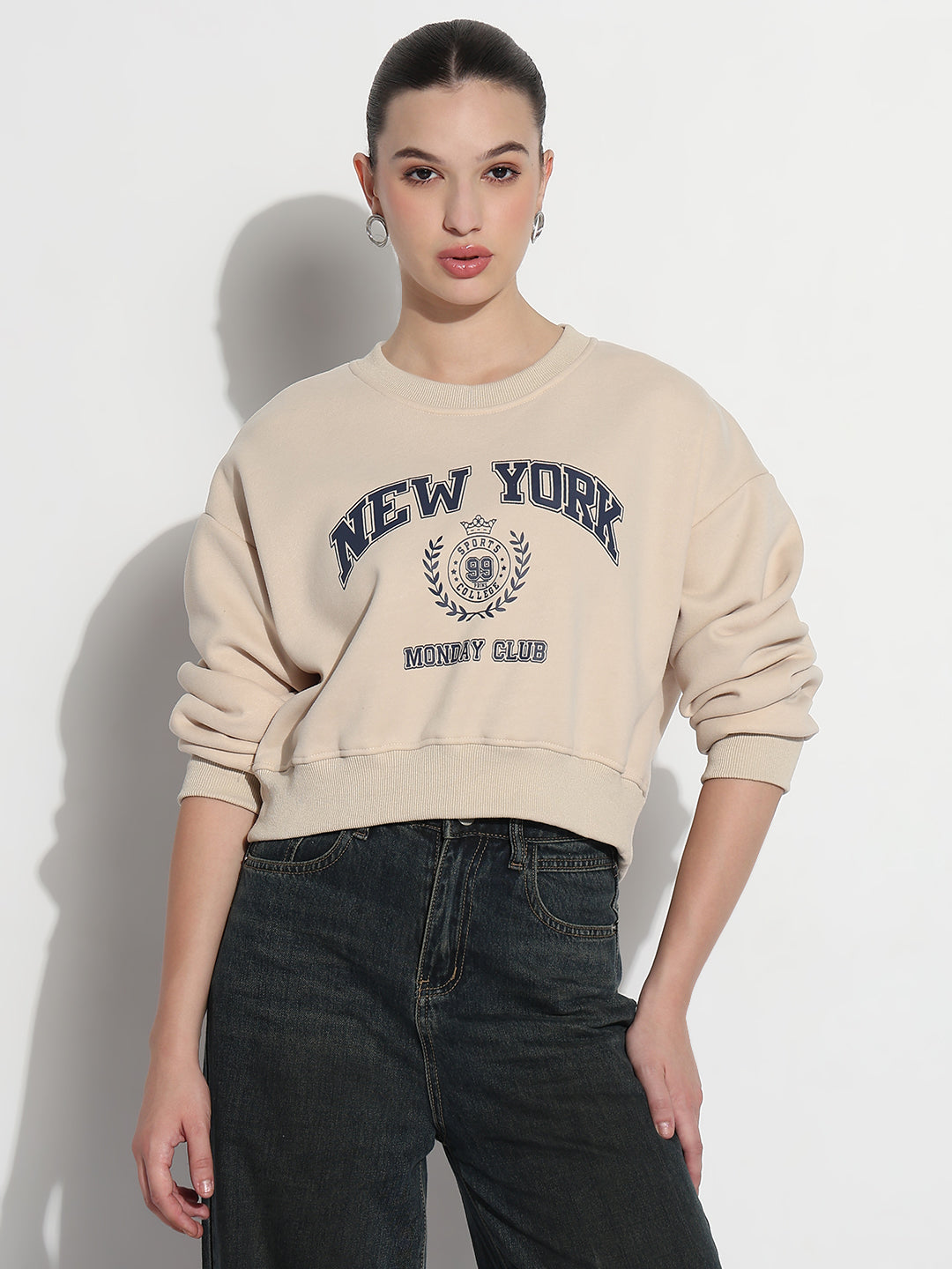 Women's Typography Beige Round Neck Crop Top