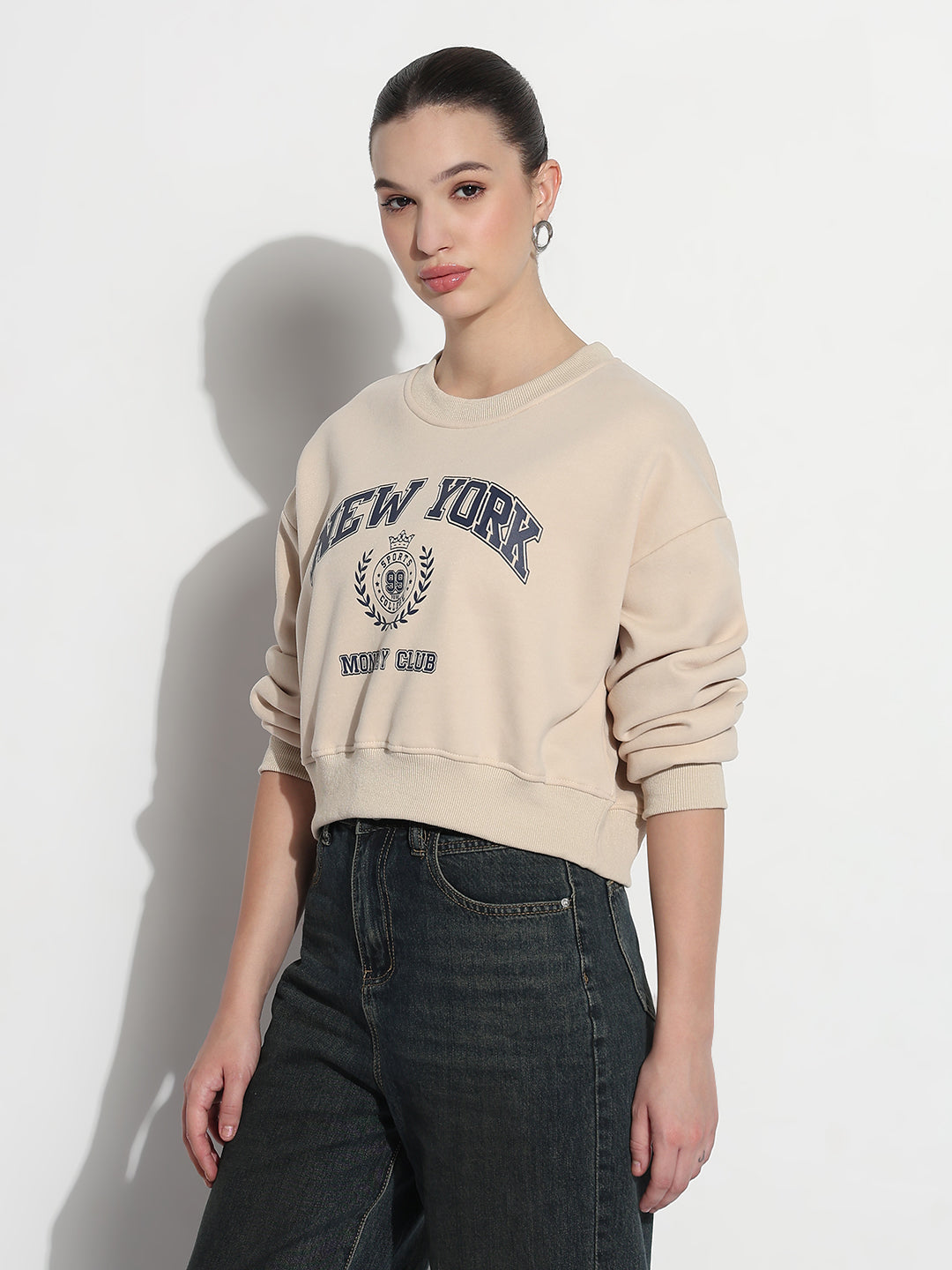 Women's Typography Beige Round Neck Crop Top