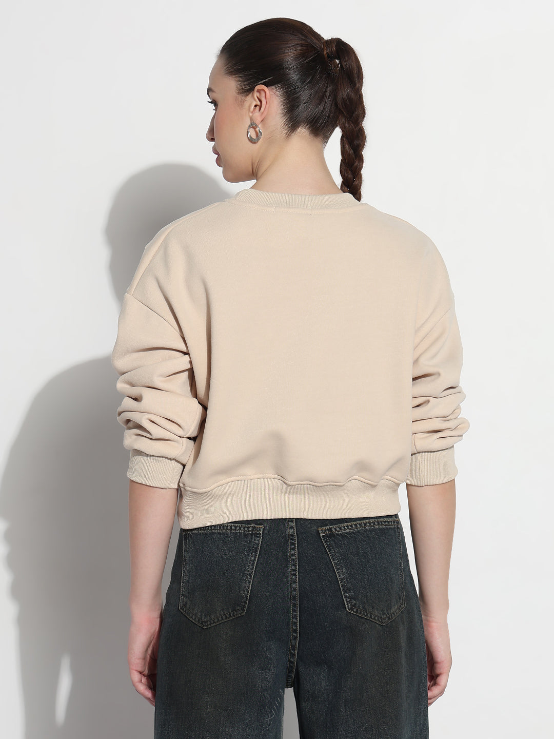 Women's Typography Beige Round Neck Crop Top