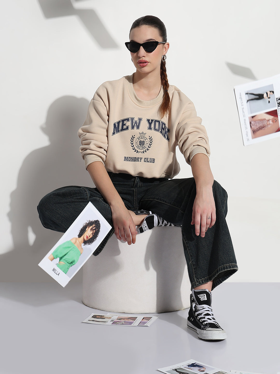 Women's Typography Beige Round Neck Crop Top