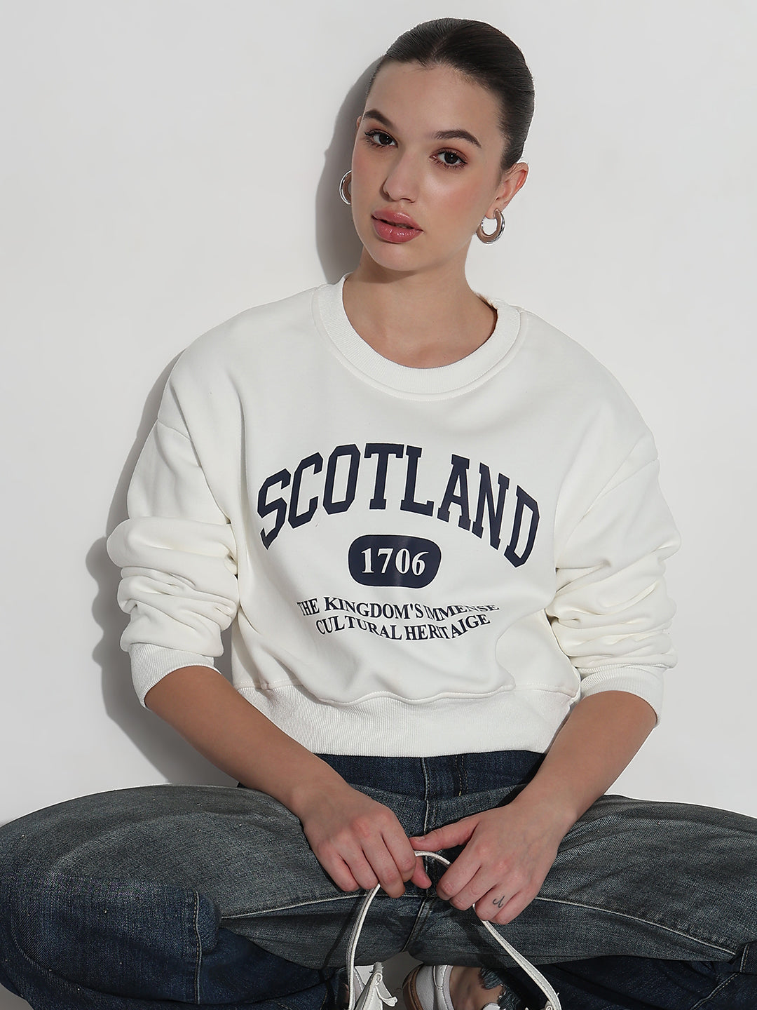 Women's Typography White Round Neck Crop Top