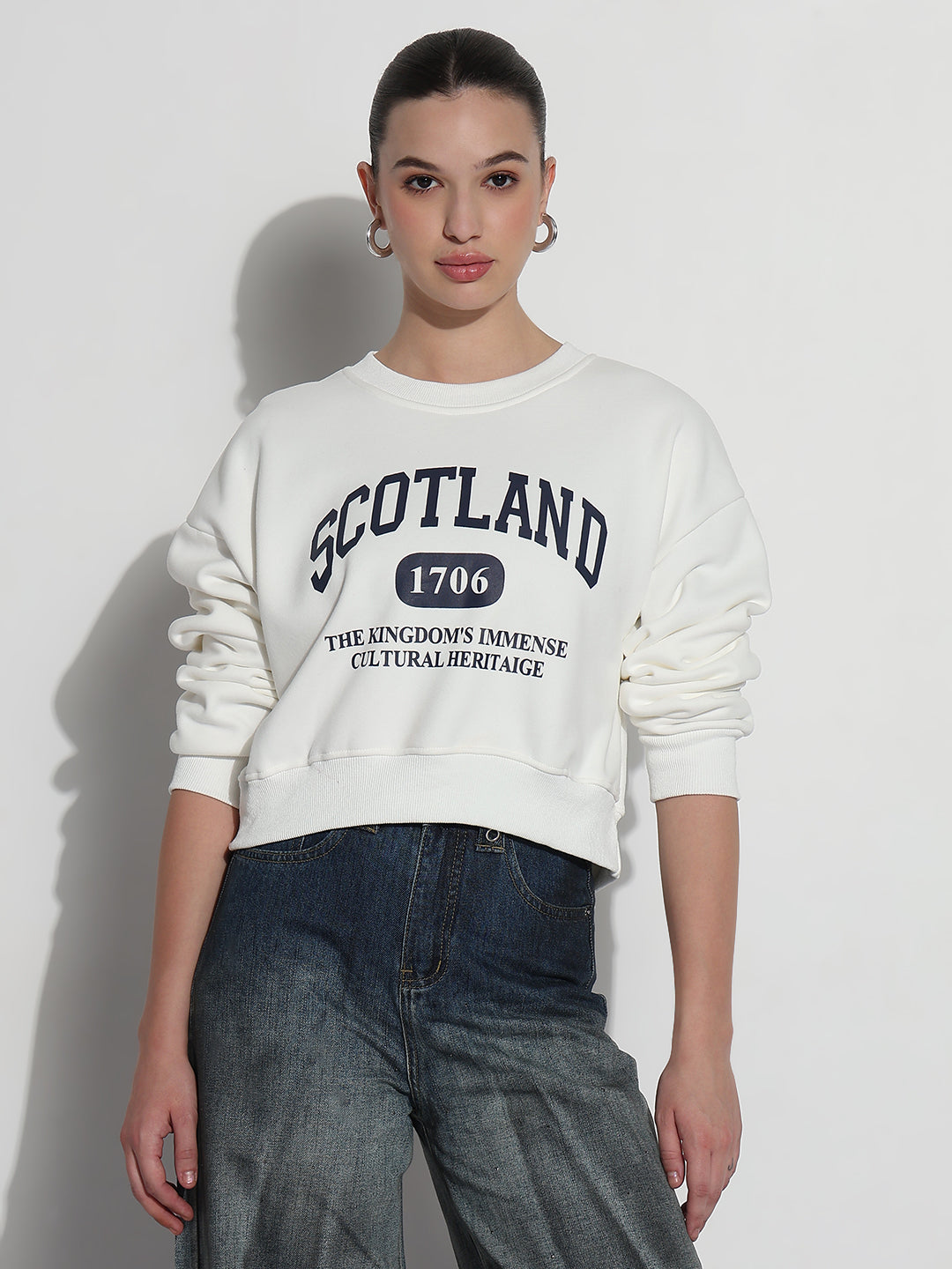 Women's Typography White Round Neck Crop Top