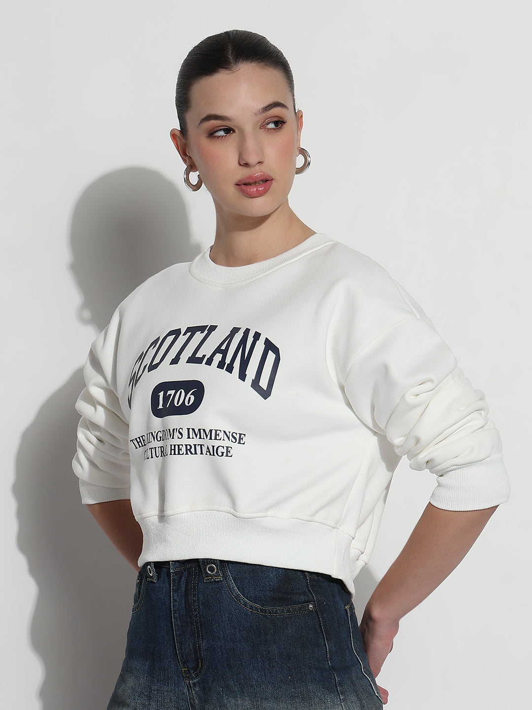 Women's Typography White Round Neck Crop Top