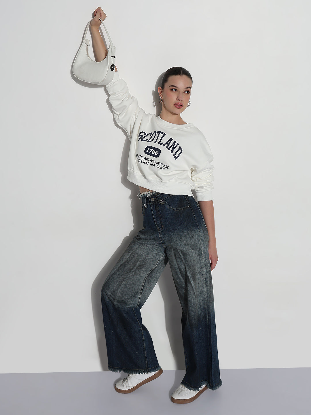 Women's Typography White Round Neck Crop Top