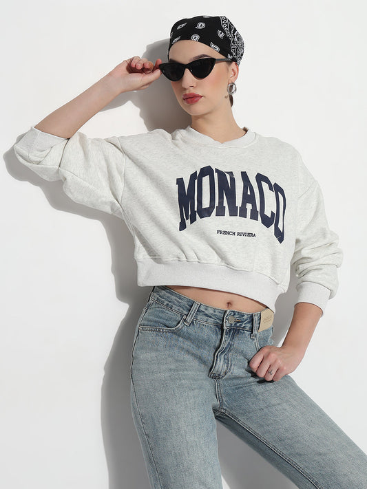 Women's Typography Off White Round Neck Crop Top