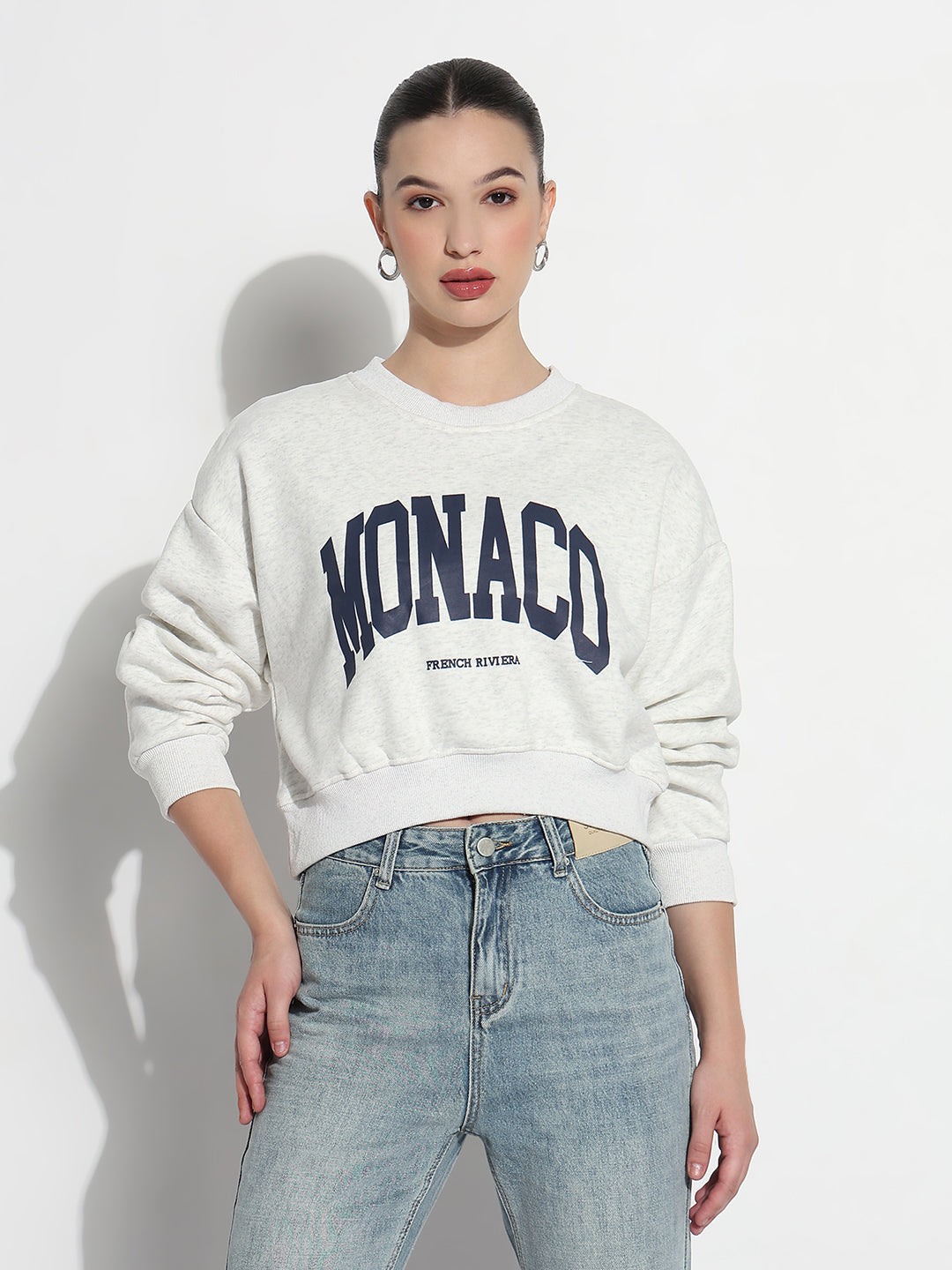 Women's Typography Off White Round Neck Crop Top