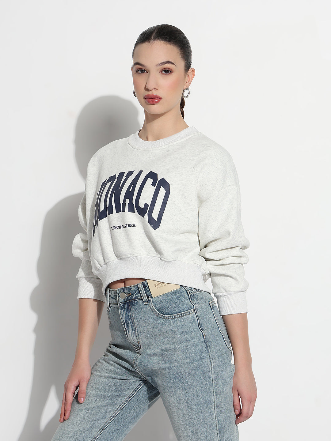 Women's Typography Off White Round Neck Crop Top