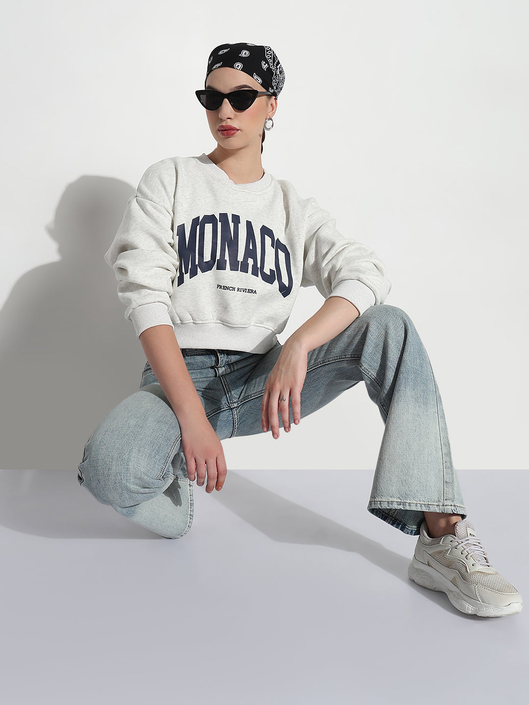 Women's Typography Off White Round Neck Crop Top