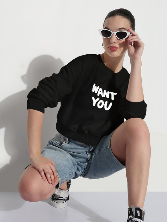 Women's Typography Black Round Neck Relaxed Fit Top