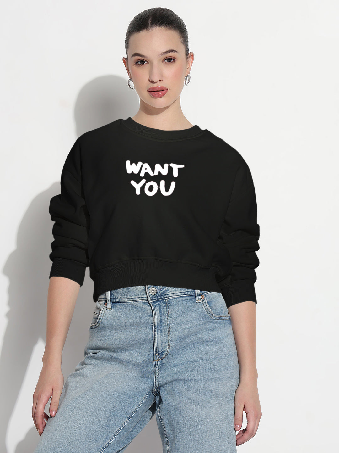 Women's Typography Black Round Neck Relaxed Fit Top