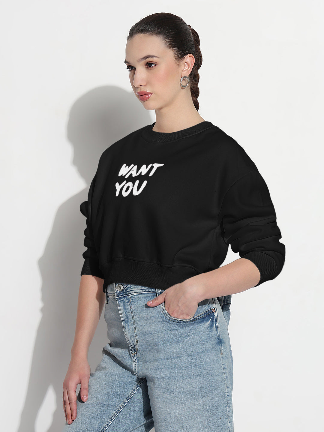 Women's Typography Black Round Neck Relaxed Fit Top