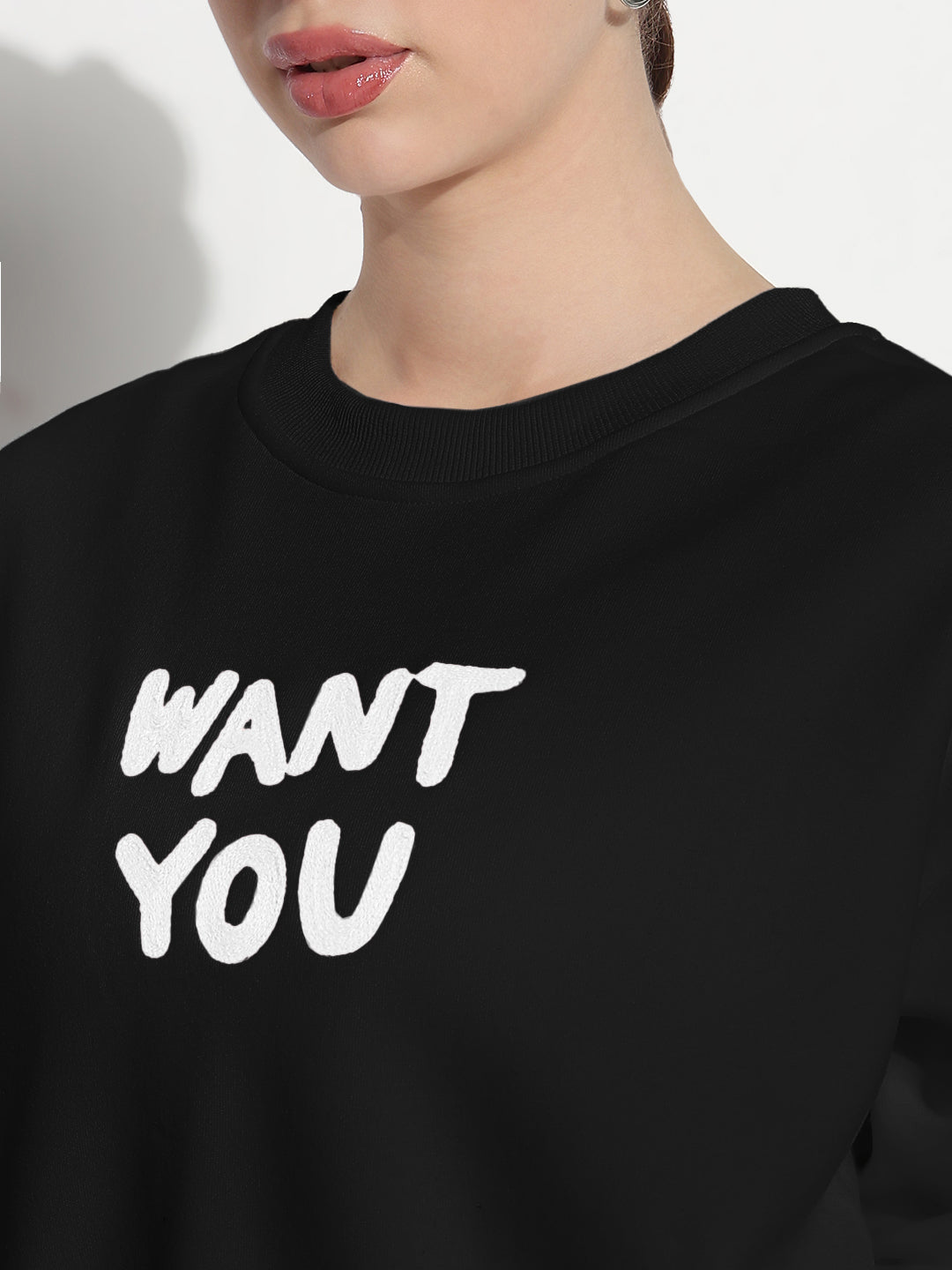 Women's Typography Black Round Neck Relaxed Fit Top