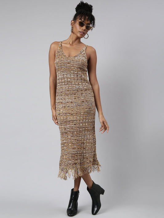 Women's Brown Abstract Print Fringed Sheath Midi Dress