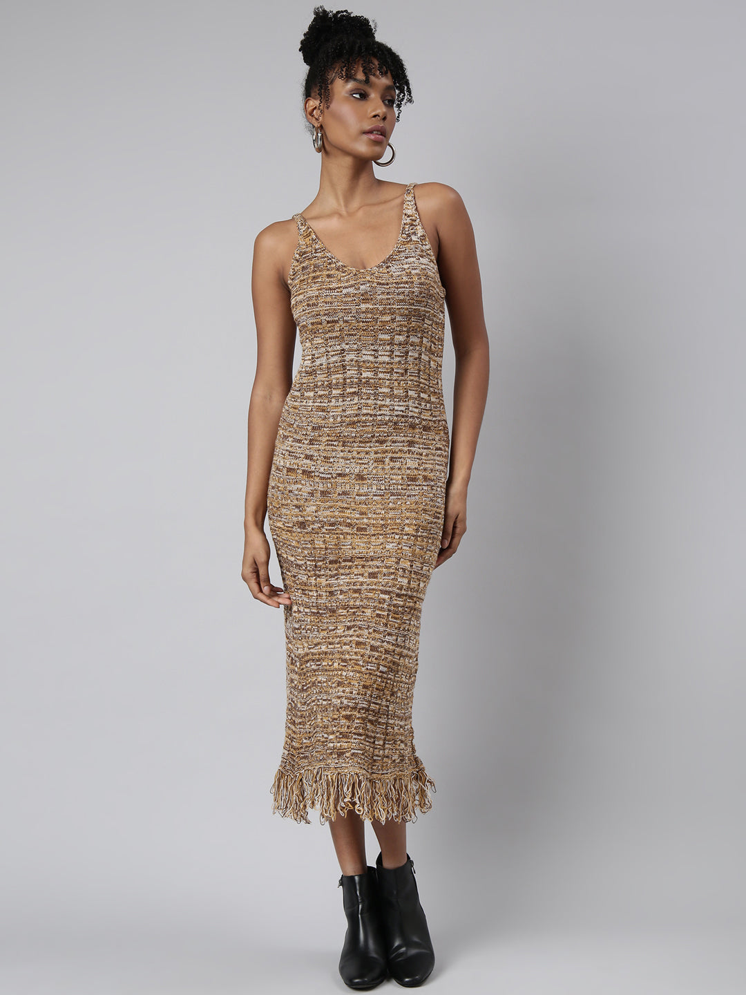 Women's Brown Abstract Print Fringed Sheath Midi Dress