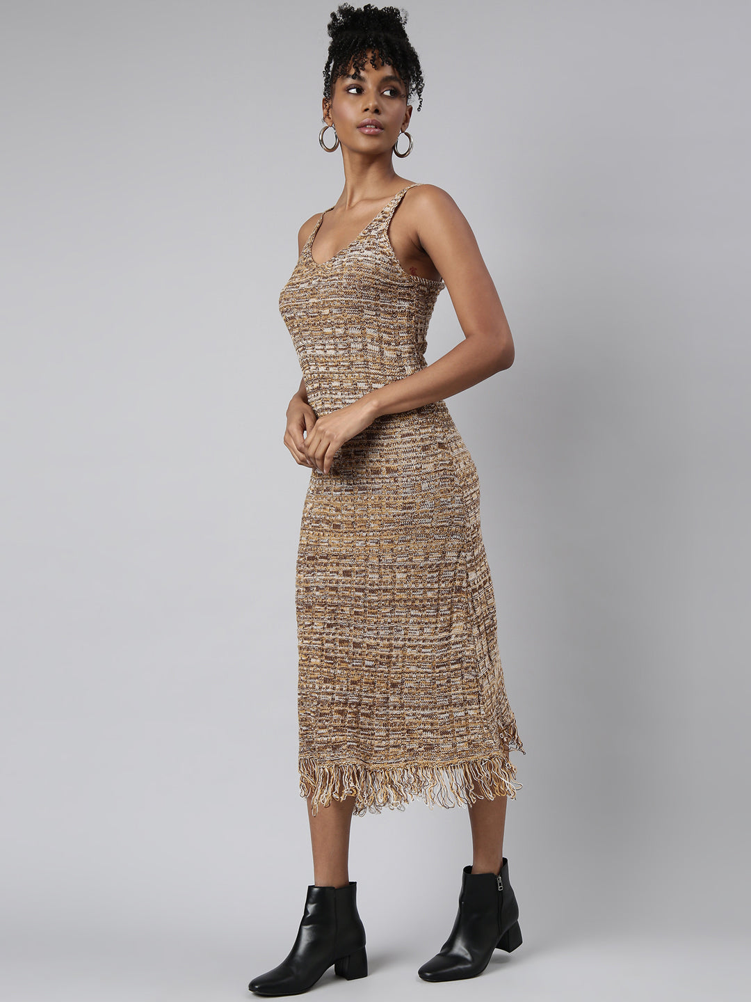 Women's Brown Abstract Print Fringed Sheath Midi Dress