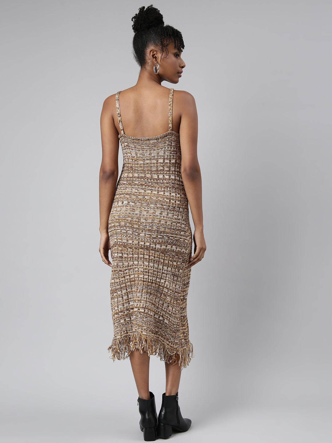 Women's Brown Abstract Print Fringed Sheath Midi Dress