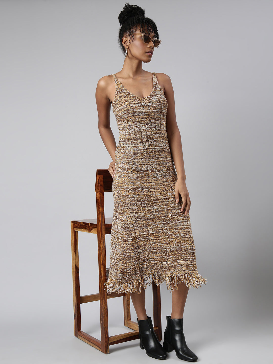 Women's Brown Abstract Print Fringed Sheath Midi Dress