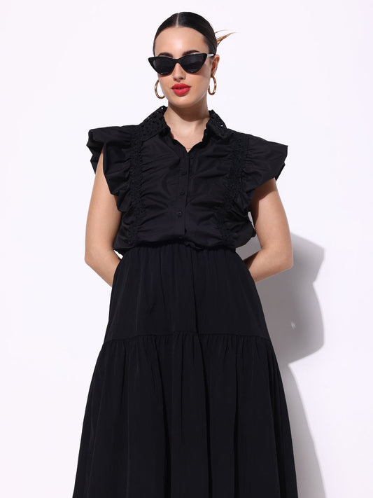 Women's Ruched Black Shirt Style Top with Lace Collar