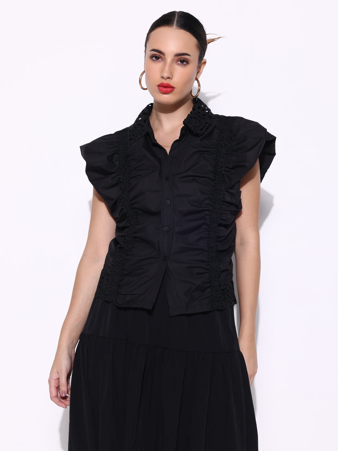 Women's Ruched Black Shirt Style Top with Lace Collar