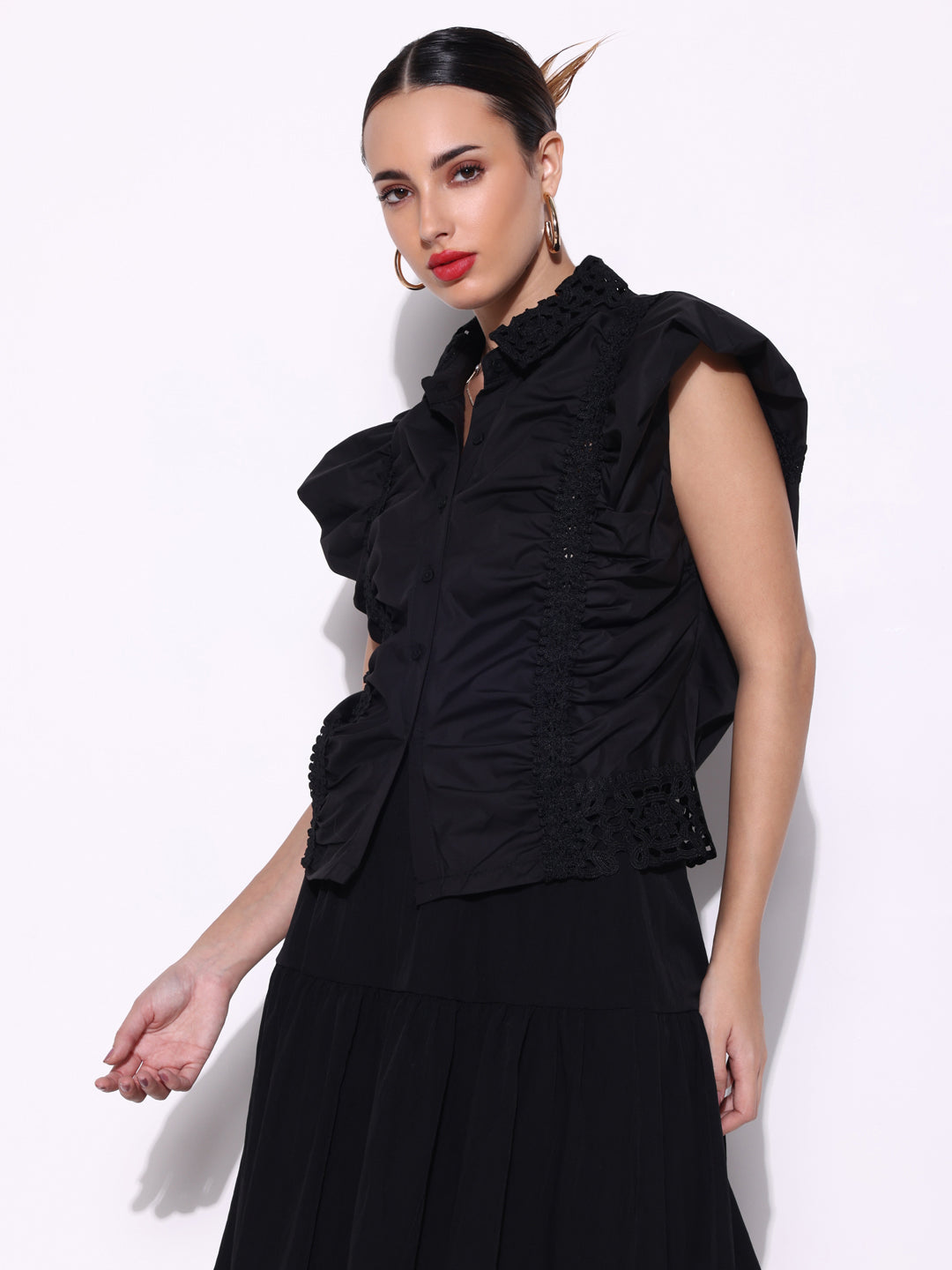 Women's Ruched Black Shirt Style Top with Lace Collar