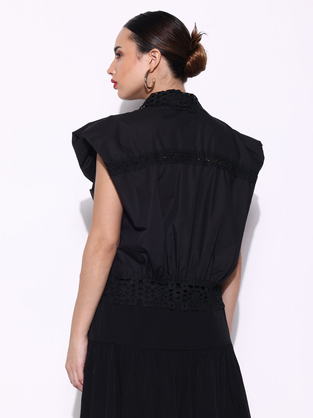 Women's Ruched Black Shirt Style Top with Lace Collar