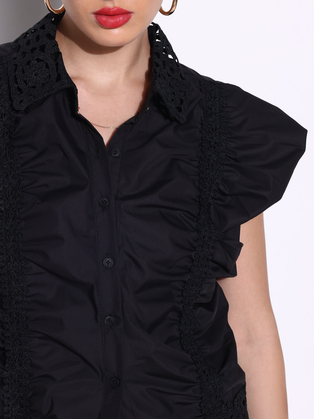 Women's Ruched Black Shirt Style Top with Lace Collar