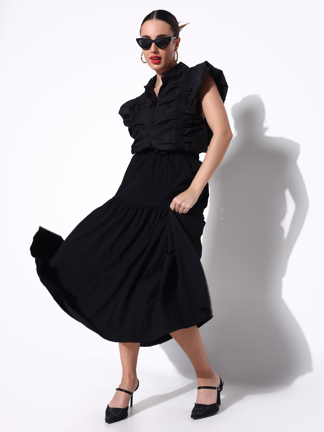 Women's Ruched Black Shirt Style Top with Lace Collar