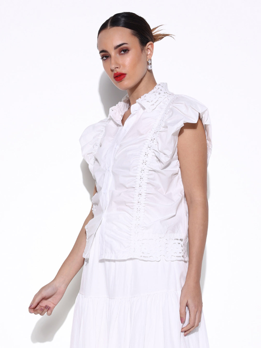 Women's Ruched White Shirt Style Top with Lace Collar