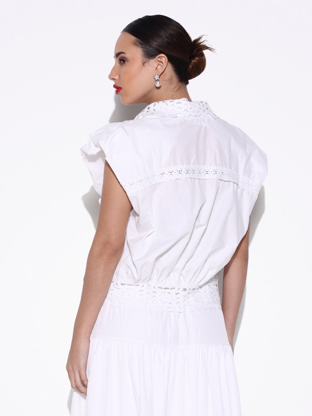 Women's Ruched White Shirt Style Top with Lace Collar