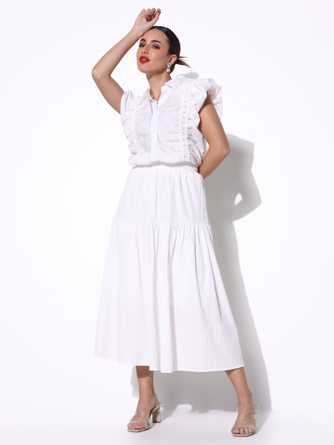 Women's Ruched White Shirt Style Top with Lace Collar
