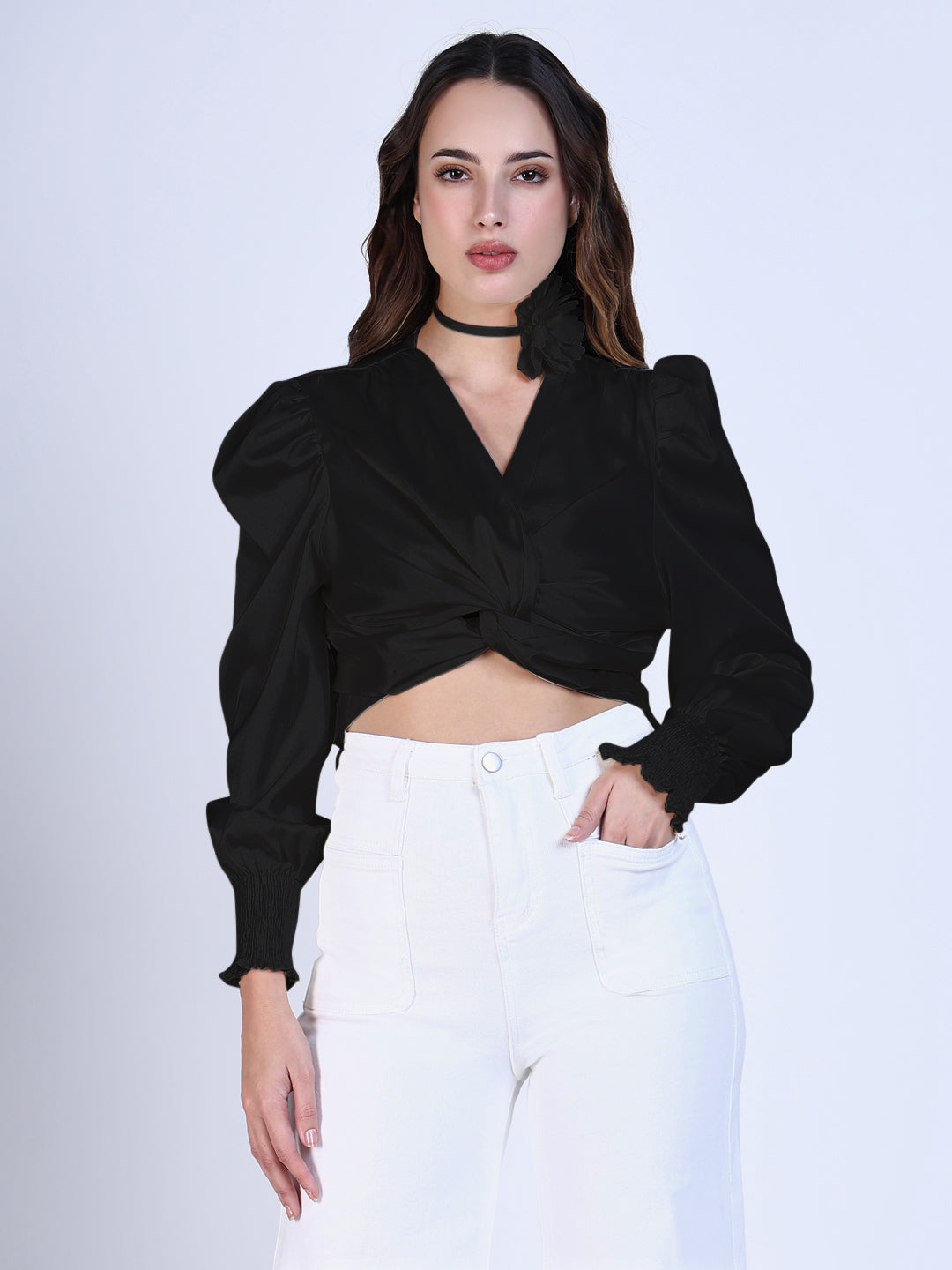 Women's Solid Black V-Neck Crop Top with Flower Bow