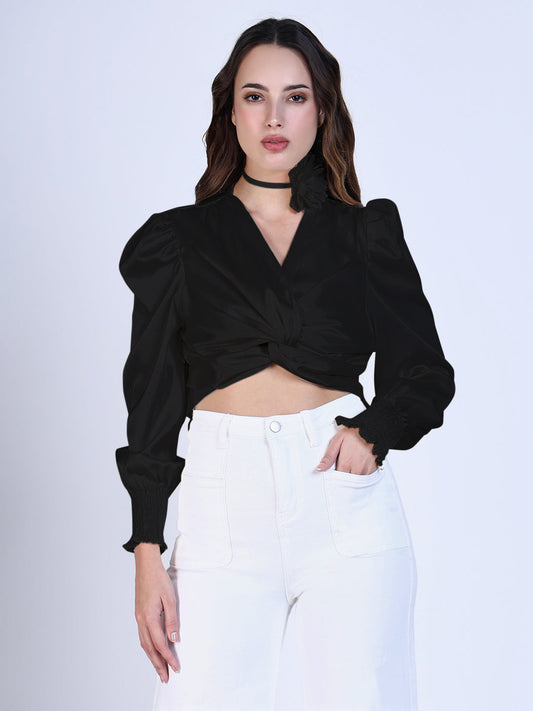 Women's Solid Black V-Neck Crop Top with Flower Bow