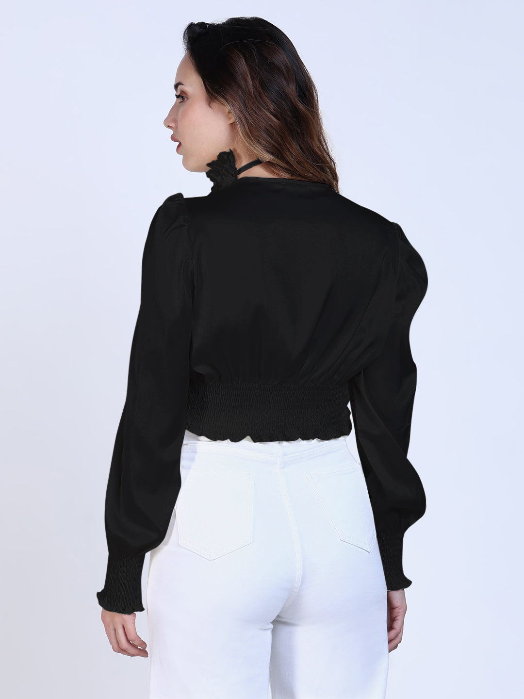 Women's Solid Black V-Neck Crop Top with Flower Bow