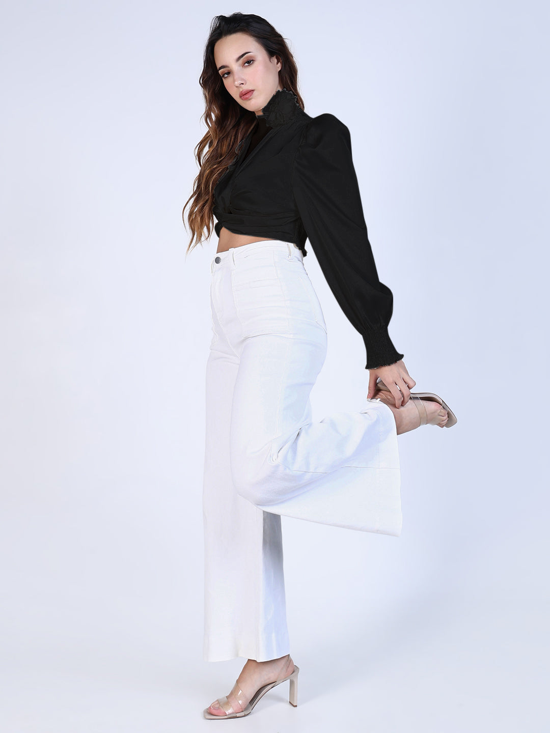 Women's Solid Black V-Neck Crop Top with Flower Bow