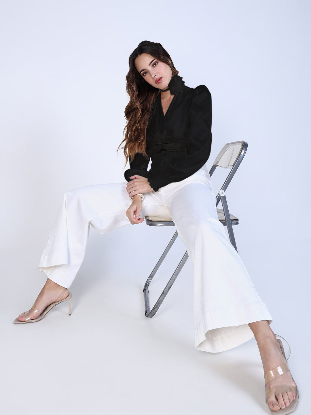 Women's Solid Black V-Neck Crop Top with Flower Bow