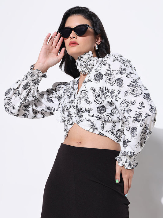 Women's Floral Print White Knot Top with Flower Neck Tie