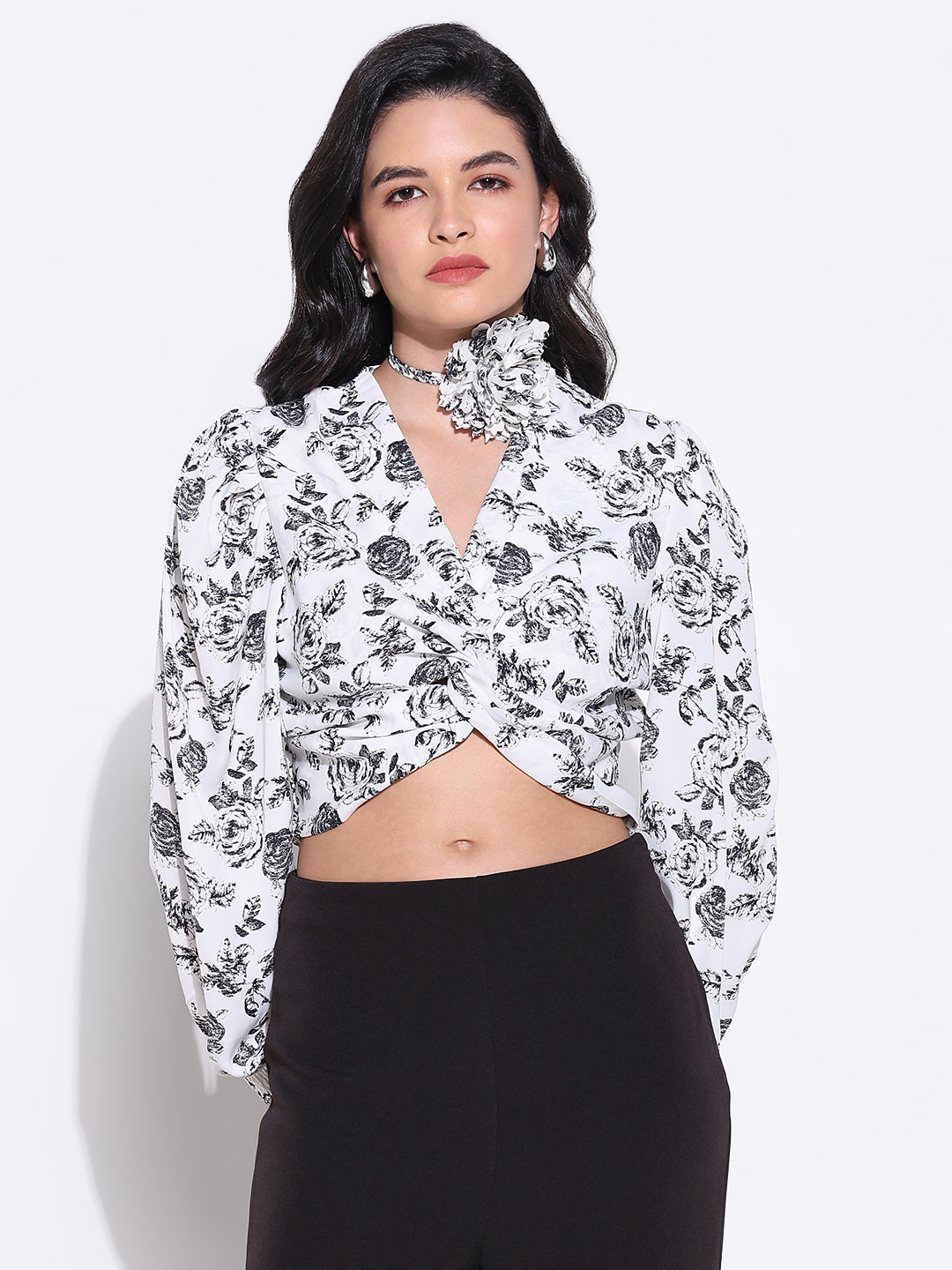 Women's Floral Print White Knot Top with Flower Neck Tie