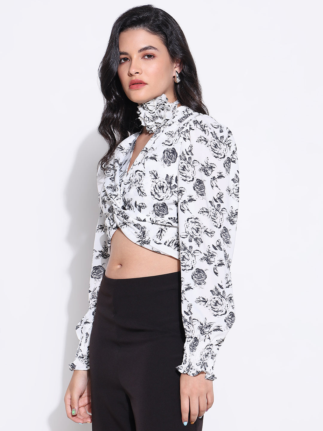 Women's Floral Print White Knot Top with Flower Neck Tie