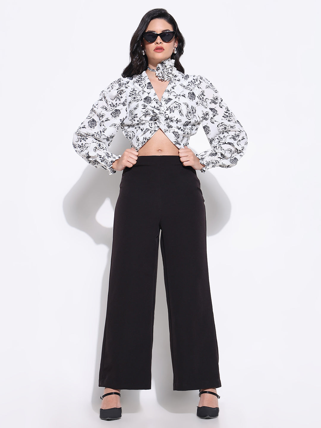 Women's Floral Print White Knot Top with Flower Neck Tie