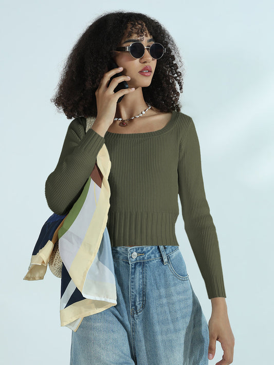 Women's Ribbed Green Round Neck Fitted Top