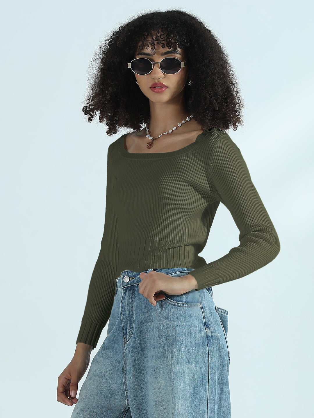 Women's Ribbed Green Round Neck Fitted Top