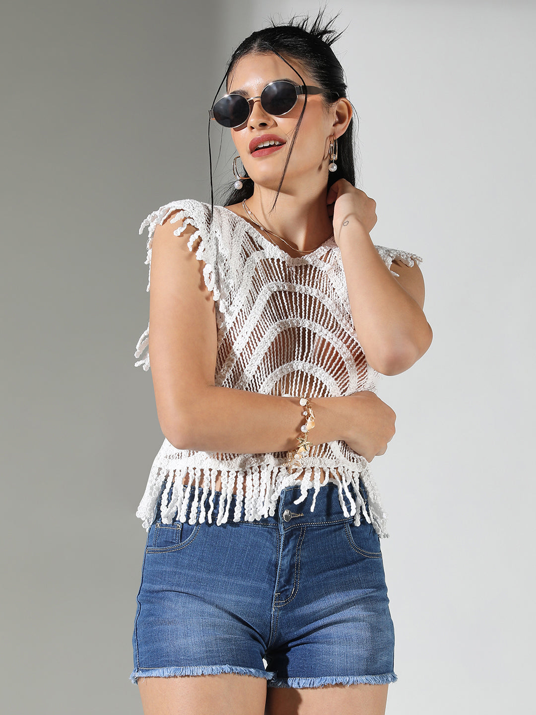 Women's Crochet White Fringed Top