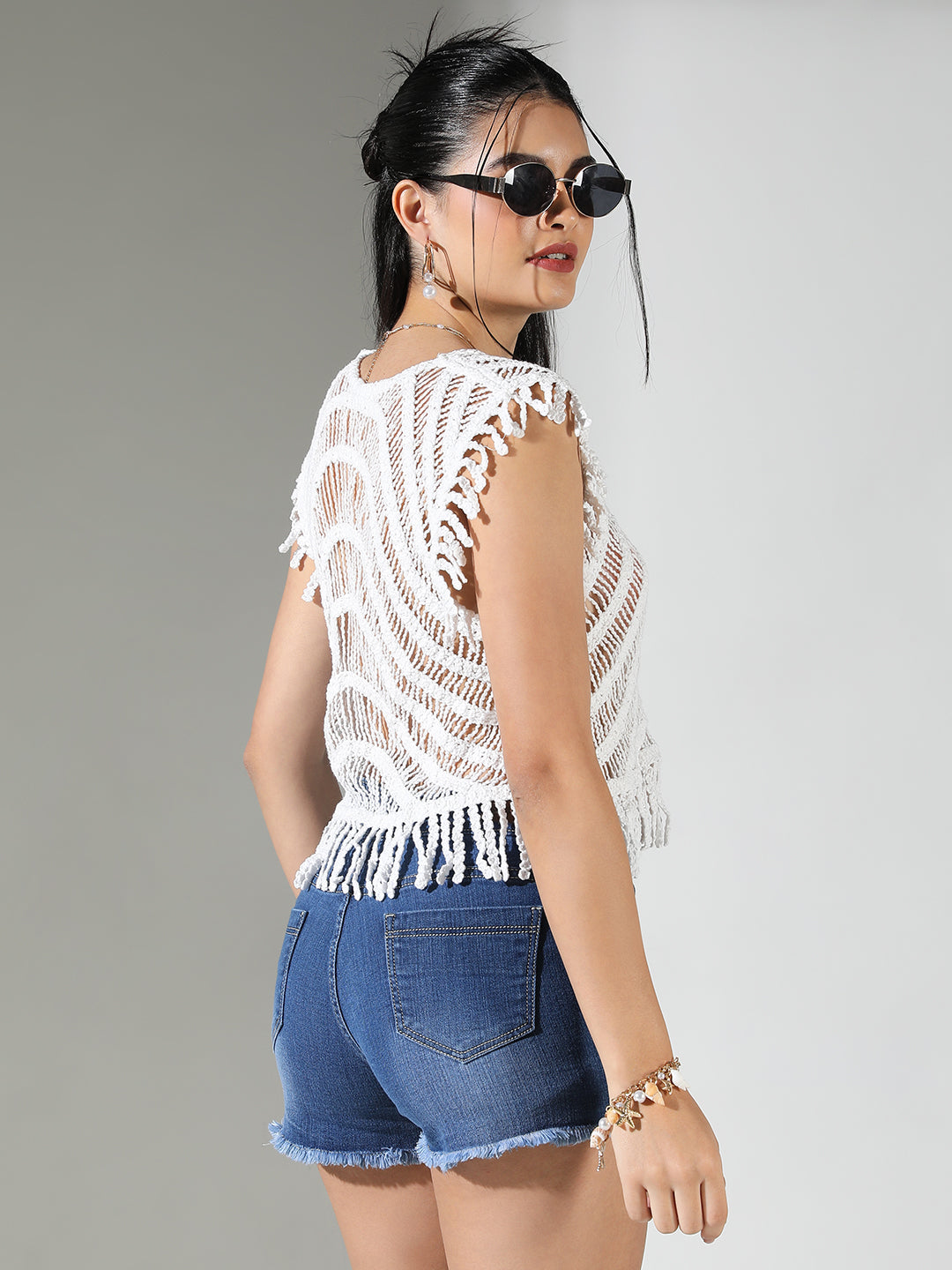 Women's Crochet White Fringed Top