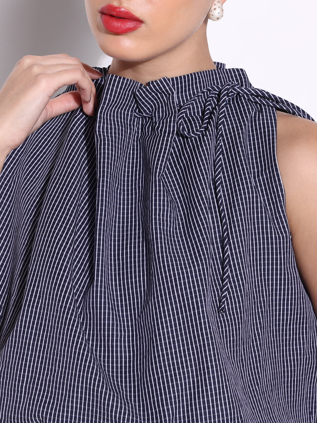 Women's Navy Checked Blue Balloon Crop Top with Neck Tie
