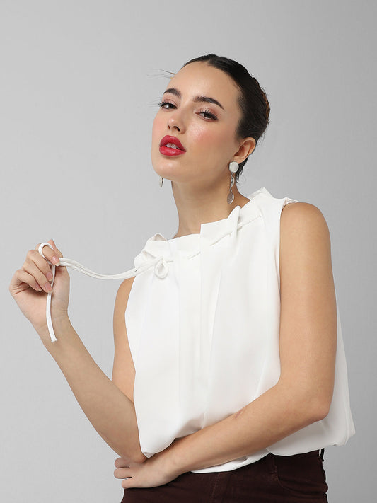Women's White Satin Balloon Top with Tie Detail