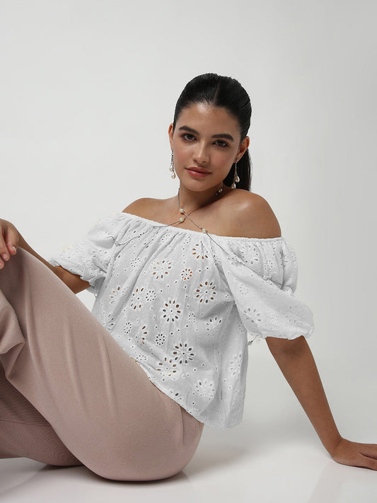 Women's White Off-Shoulder Puff Sleeve Schiffli Bardot Crop Top