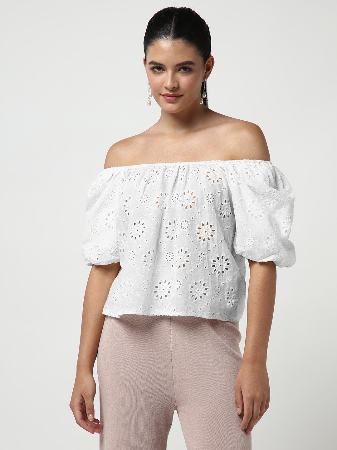 Women's White Off-Shoulder Puff Sleeve Schiffli Bardot Crop Top