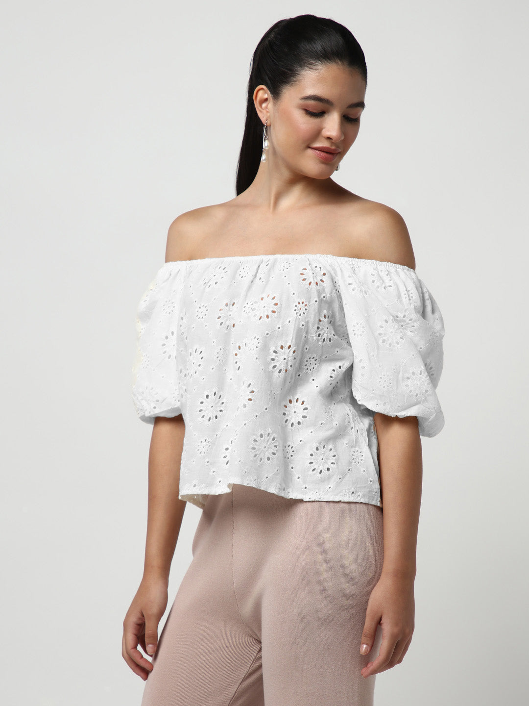 Women's White Off-Shoulder Puff Sleeve Schiffli Bardot Crop Top
